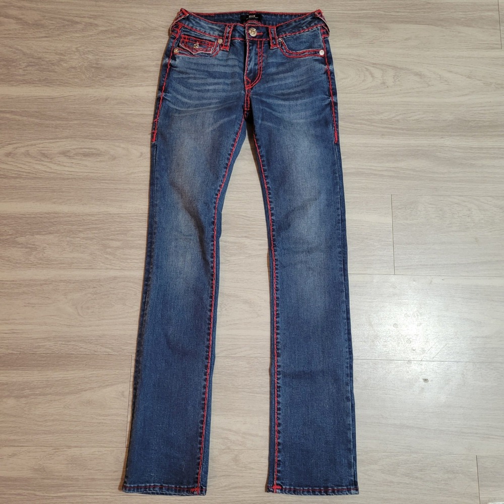 True Religion Billie Mid Rise Straight Leg Jeans Red Super T Stitching Size 25